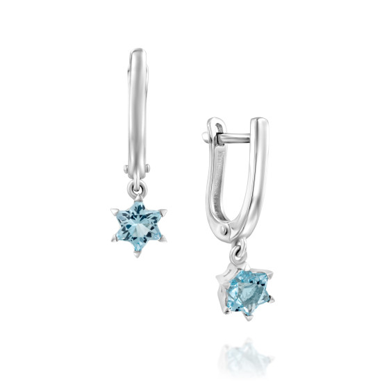 Star Of David Earrings with Blue Topaz in White Gold