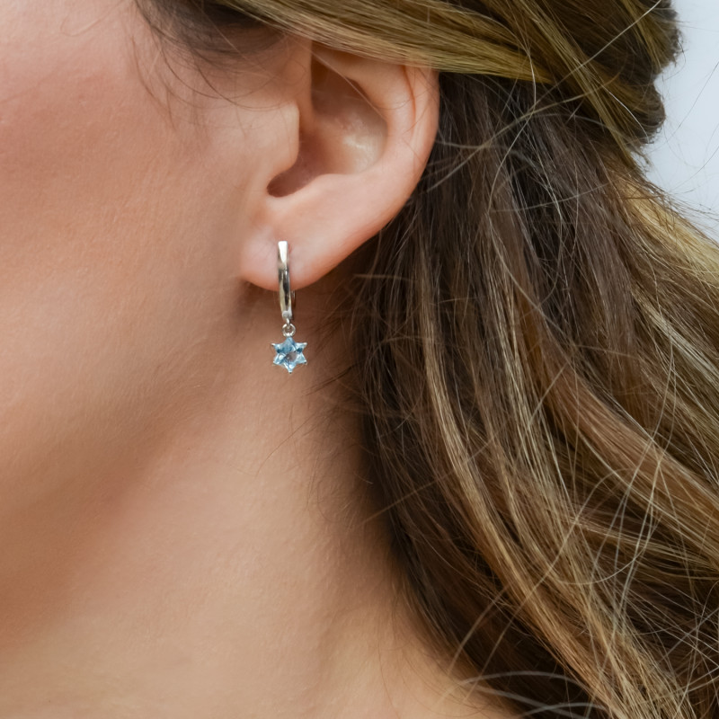 Star Of David Earrings with Blue Topaz in White Gold